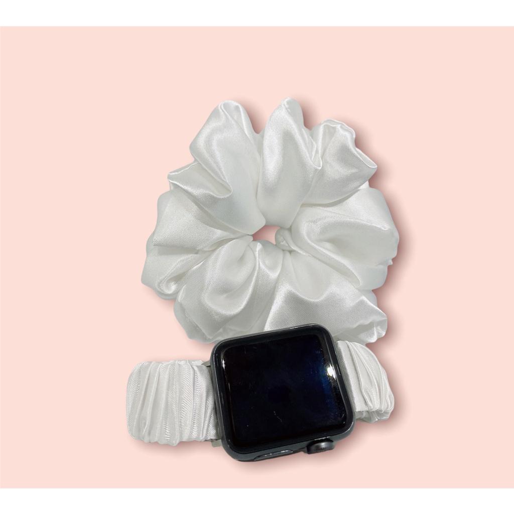 Combo dây đồng hồ apple watch và scrunchies dây cột tóc, buộc tóc vải satin lụa TRẮNG Noel