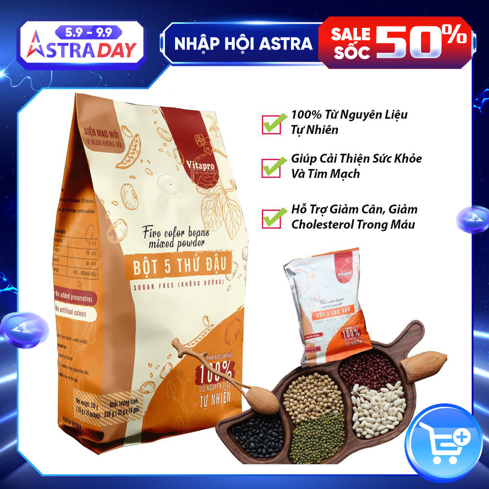 Bột Ngũ Cốc 5 Thứ Đậu Không Đường Vitapro 350gram Dinh Dưỡng, Thơm Ngon, Hỗ Trợ Thực Hiện Giảm Cân Và Bệnh Nhân Đái Tháo Đường-Hàng Chính Hãng