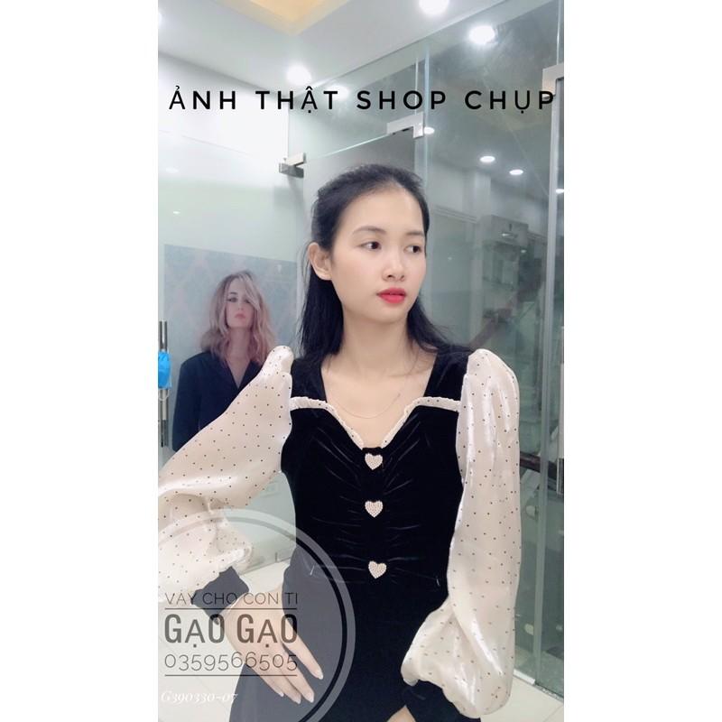 Váy nhung phối tay tơ oganza cao cấp cho con bú KÈM ẢNH THẬT SHOP CHỤP
