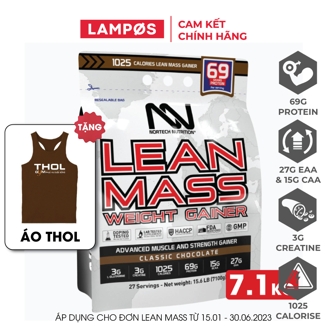 NorTech Lean Mass Gainer, Sữa Tăng Cân, Tăng Cơ Nạc Hiệu Quả, Bổ Sung 69G Protein, 27G EAA, 15G BCAA, 3G Creatine, 3G L-Glutamine, Thùng 7KG, 27 Lần Dùng