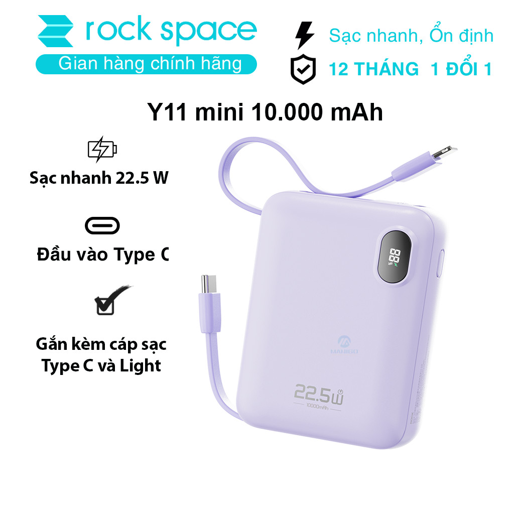 Pin sạc dự phòng mini tích hợp dây sạc Rockspace Y11 sạc nhanh 22.5w dung lương 10000mAh - Hàng chính hãng bảo hành 12 tháng