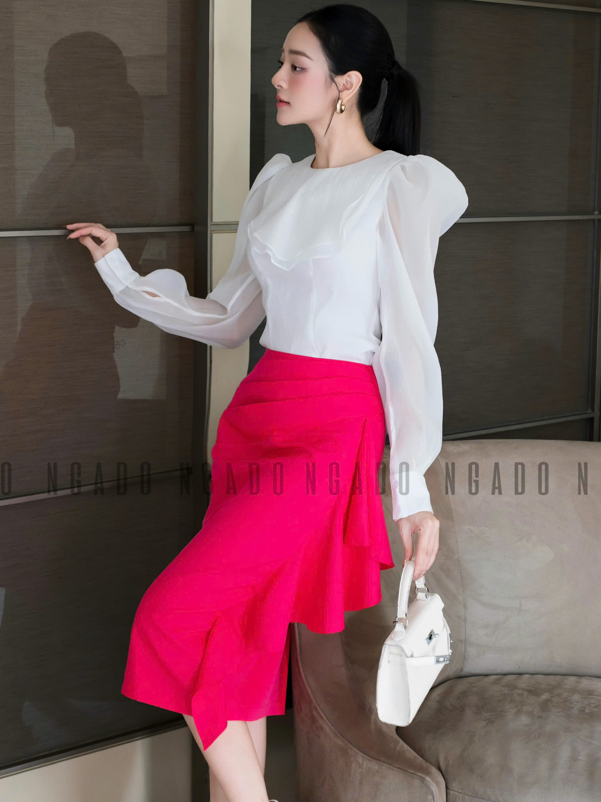 Set áo voan trắng váy hồng sen NGADO , set áo kèm chân váy , set áo váy Nữ