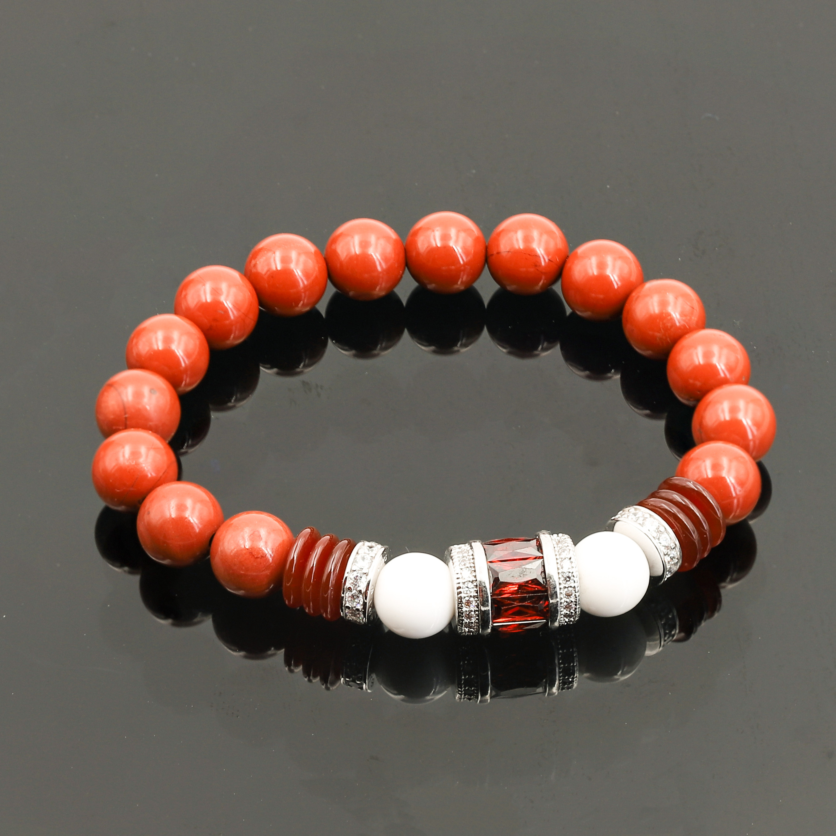 Vòng tay nữ đá Jasper đỏ tự nhiên 8 ly + Lu Bạc Đỏ