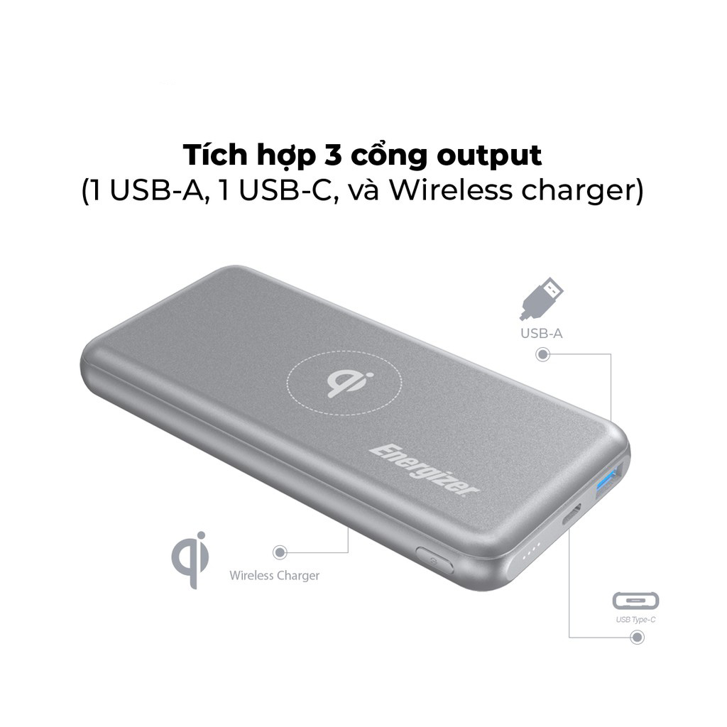 Sạc dự phòng Energizer 10,000mAh /3.7V Li-Polymer - QE10007PQ - Tích hợp sạc không dây &amp; Sạc nhanh đa nền tảng - hàng chính hãng