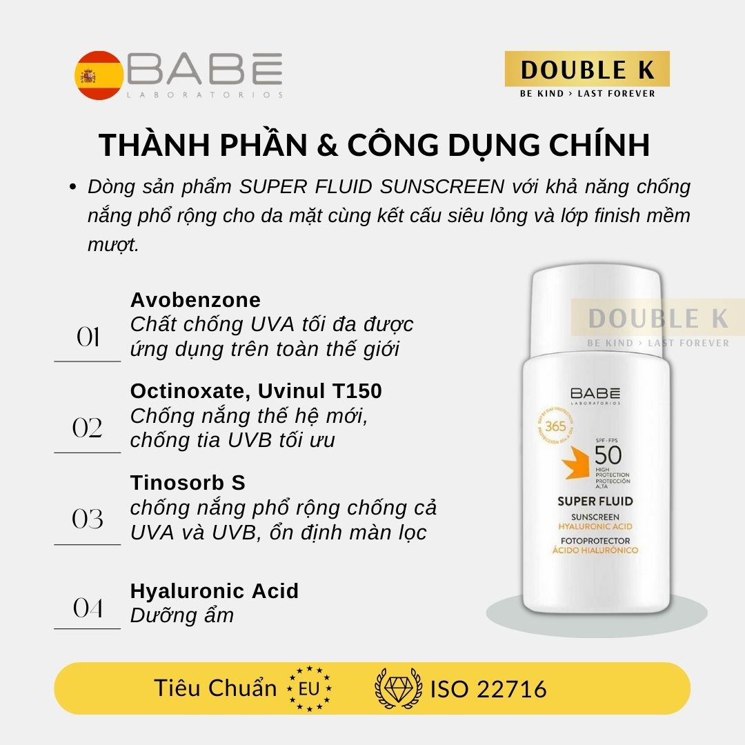 Kem Chống Nắng Dưỡng Ẩm BABE Super Fluid Sunscreen SPF 50 - Double K