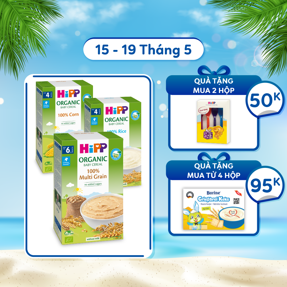 Combo 3 bột ăn dặm không chứa sữa HiPP Organic Baby Cereal 100% hữu cơ cho trẻ từ 4 tháng tuổi: Bột gạo nhũ nhi, Bột ngũ cốc tổng hợp, Bột ngũ cốc bắp non (3 hộp x 200g)