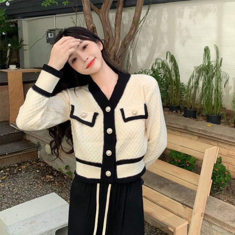 Áo khoác len nữ cardigan tay dài cadigan viền đen trắng cổ tim kiểu Hàn Quốc phong cách trẻ trung đi học nữ sinh C-1