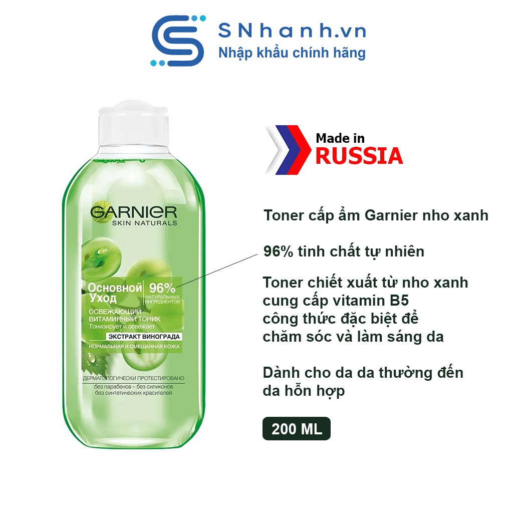 Toner Garnier nho xanh 96% tinh chất tự nhiên 200ml