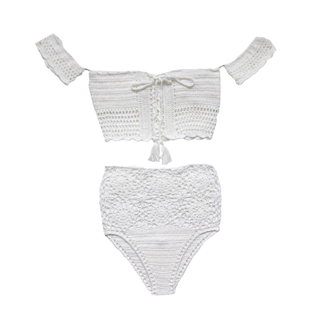 Women Lady Bohemian Two Piece Crochet High Waisted Swimwear Bikini Set White Lace Knit Swimsuit Bathing Suit