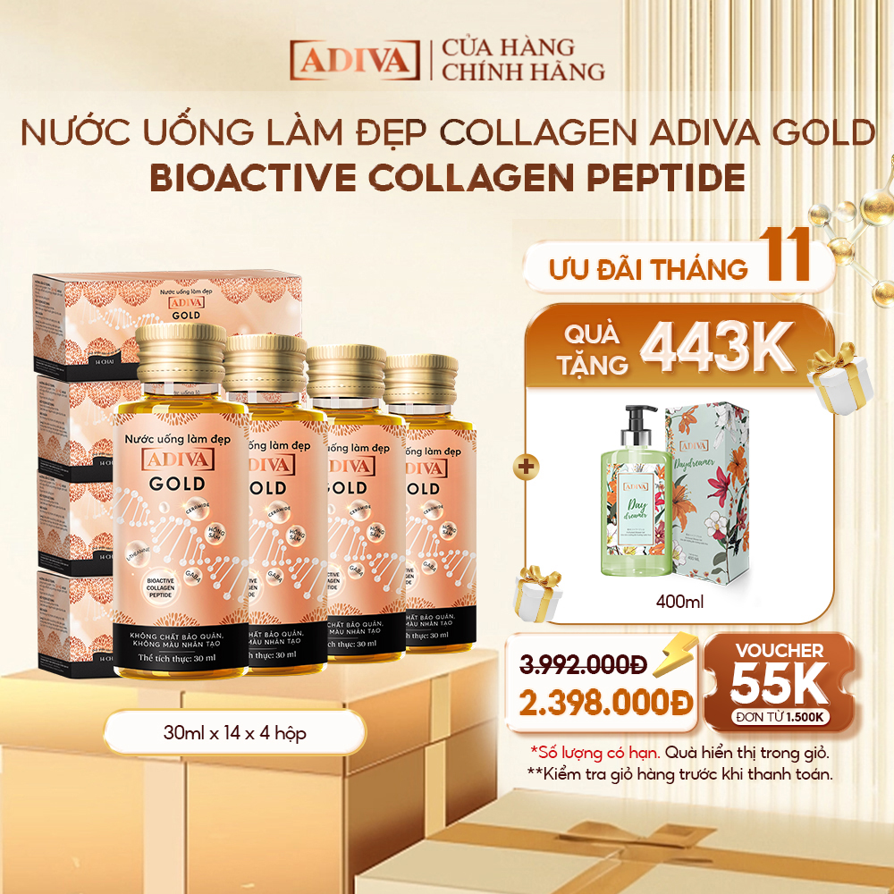 Combo 4 Hộp Nước Uống Làm Đẹp Collagen ADIVA Gold (14 Chai/Hộp)- Giúp Làn Da Căng Mịn, Giảm Nếp Nhăn Và Chống Lão Hóa