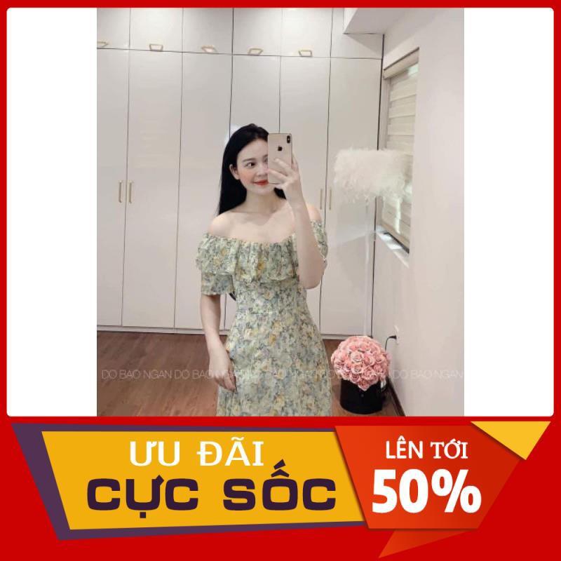 VÁY HOA XANH VOAN TRỄ VAI BÈO TẦNG 2 LỚP