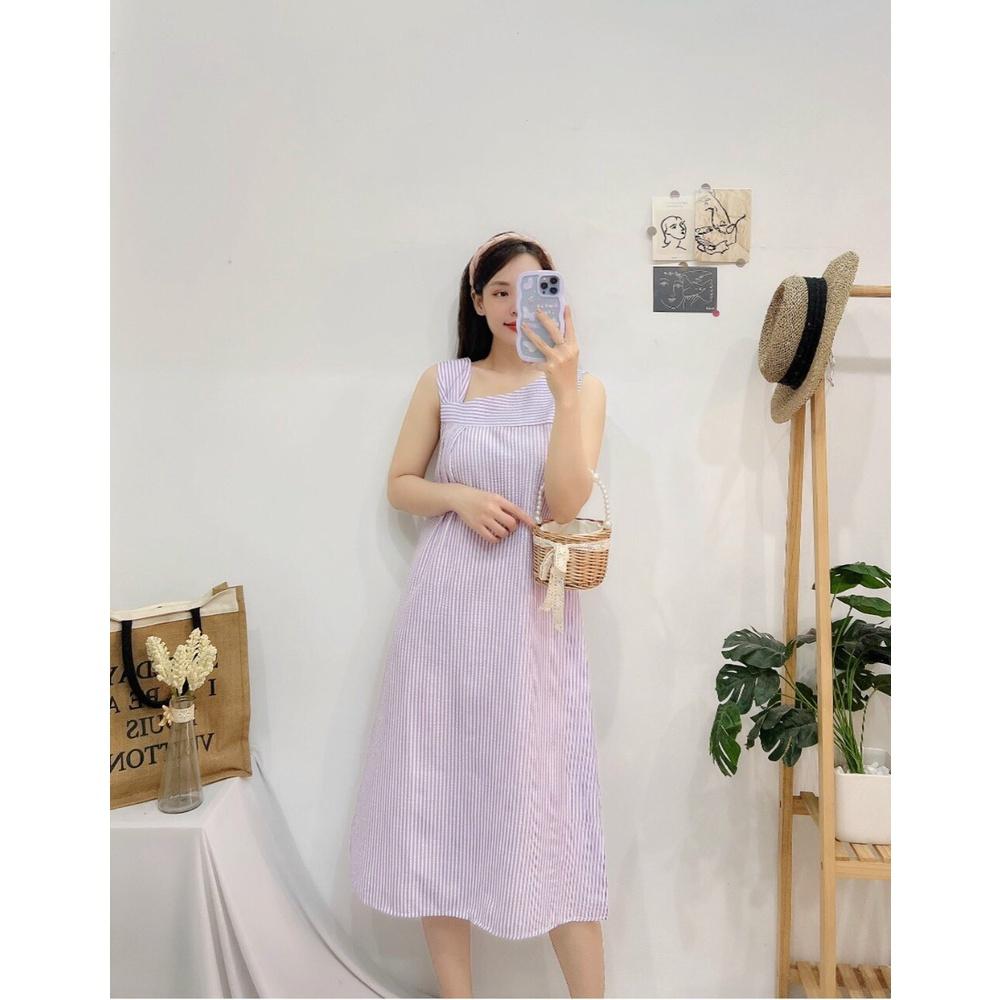 Đầm caro chéo vai, Váy caro lệch vai màu hồng Cao Cấp xẻ tà dáng suông sát nách, nữ tính quyến rũ - MiNhi