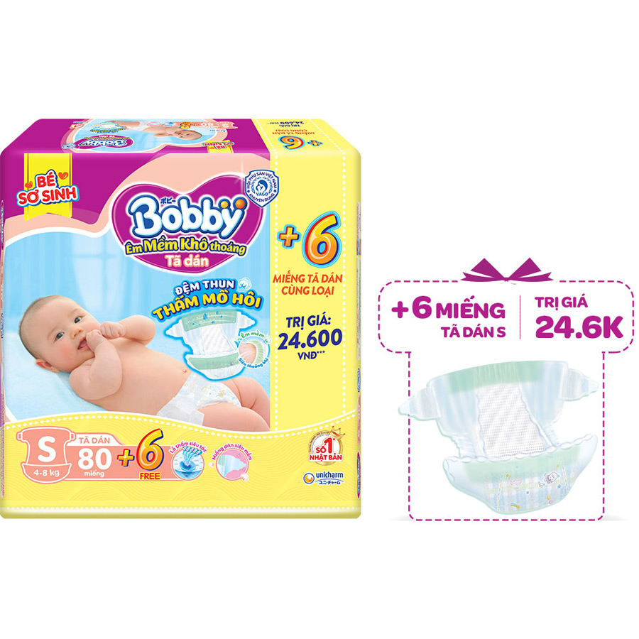 Tã Dán Bobby Đệm Thun Thấm Mồ Hôi S80 (80 Miếng) + 6 Miếng Tã Dán Size S - Bao Bì Mới