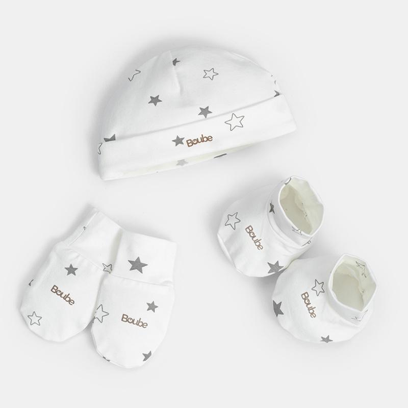 Set phụ kiện sơ sinh Mũ + Bao tay + Bao chân hoạ tiết, xanh, ghi Boube - Chất liệu Petit mềm mại thoáng mát-Size Newborn