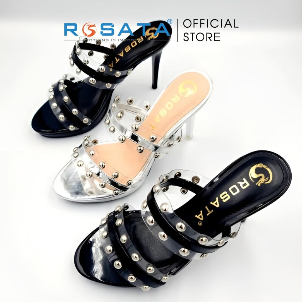 Giày sandal cao gót nữ ROSATA RO588 xỏ ngón mũi tròn quai ngang đính hạt gót nhọn cao 8cm xuất xứ Việt Nam - Bạc