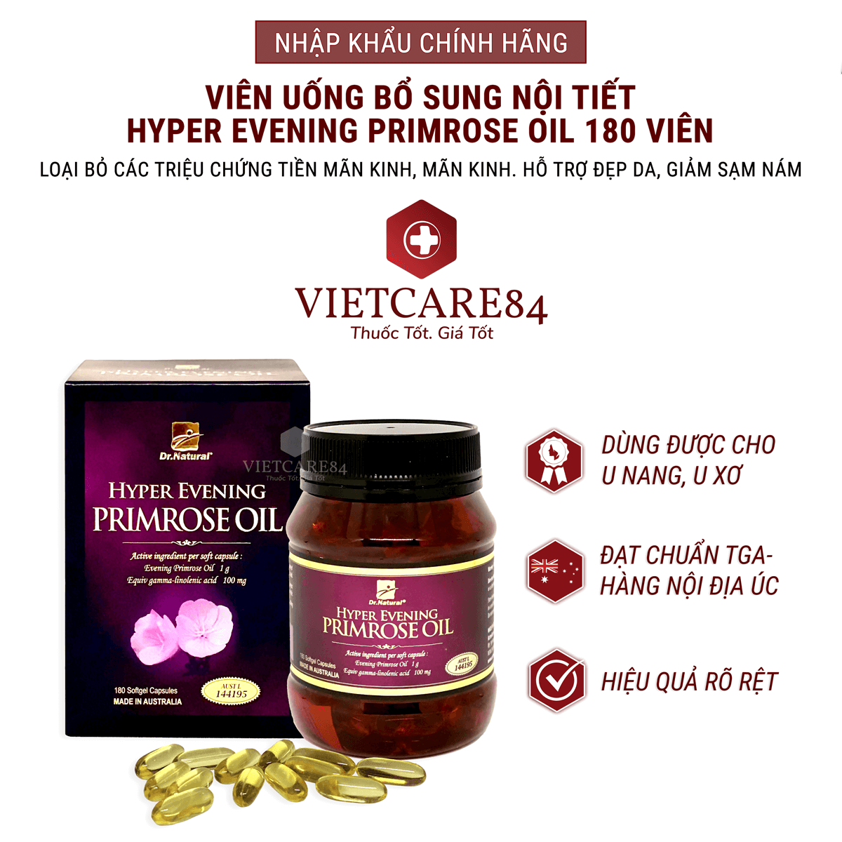 Bộ sản phẩm 2 hộp viên uống bổ sung nội tiết tố nữ nhập khẩu chính hãng Úc HYPER EVENING PRIMROSE OIL  chiết xuất tinh dầu hoa anh thảo giúp giảm triệu chứng tiền mãn kinh, mãn kinh: đau đầu, bốc hỏa, mất ngủ…; giảm nám da; giảm tóc rụng