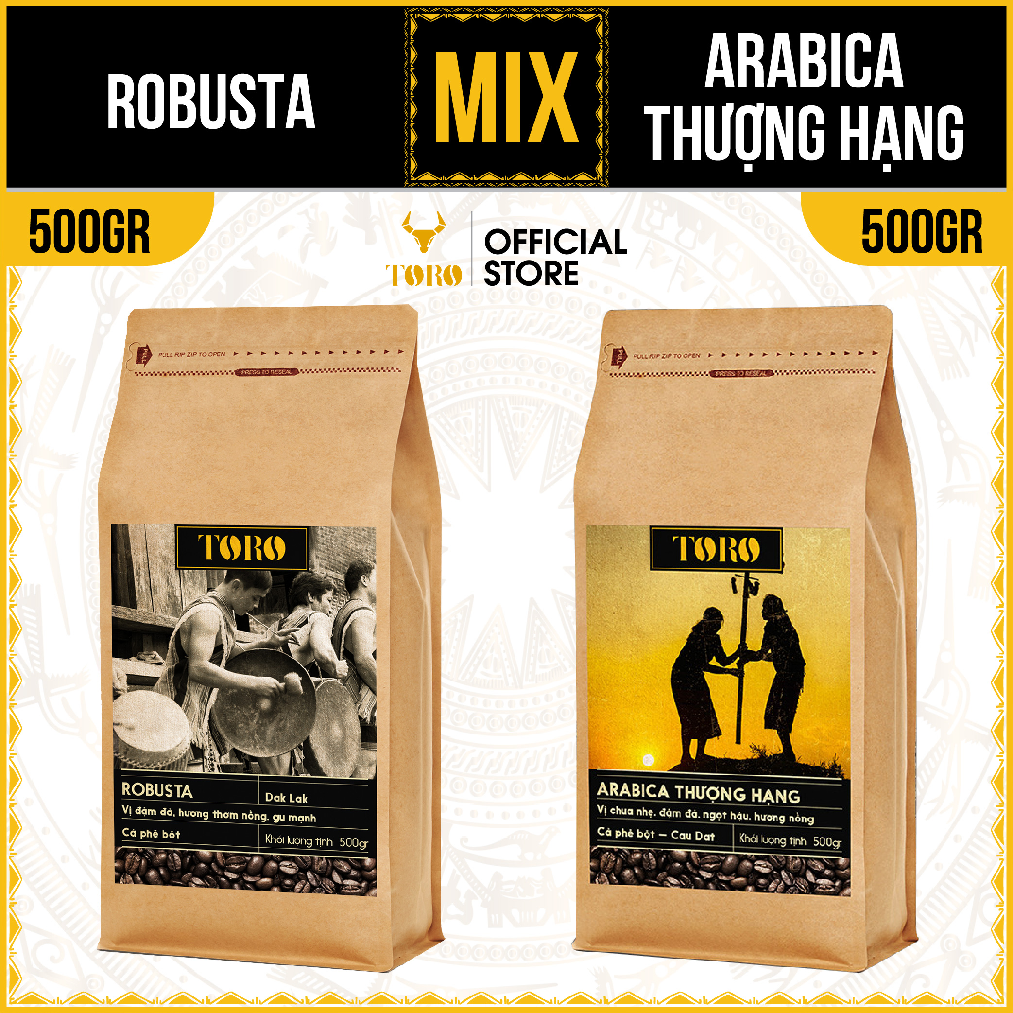 [1KG] Bộ Mix Cà Phê Bột Toro Robusta &amp; Toro Arabica Thượng Hạng Nguyên Chất 100% | 500GR/Gói | TORO FARM