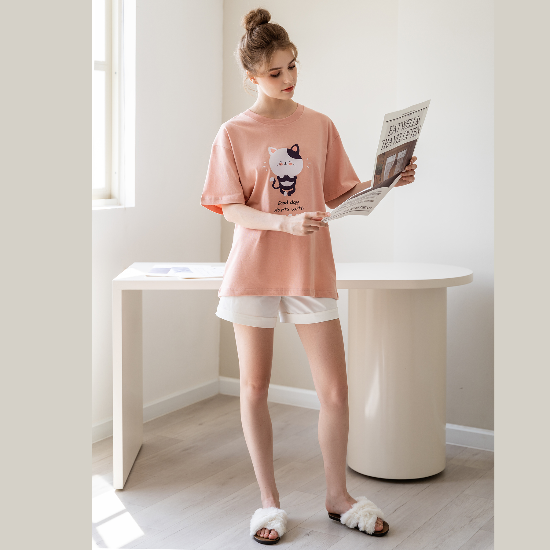 Áo thun tay lỡ Hibi Sports unisex nam nữ kiểu phông, Yoga Cat ST005, vải cotton Premium, form oversize