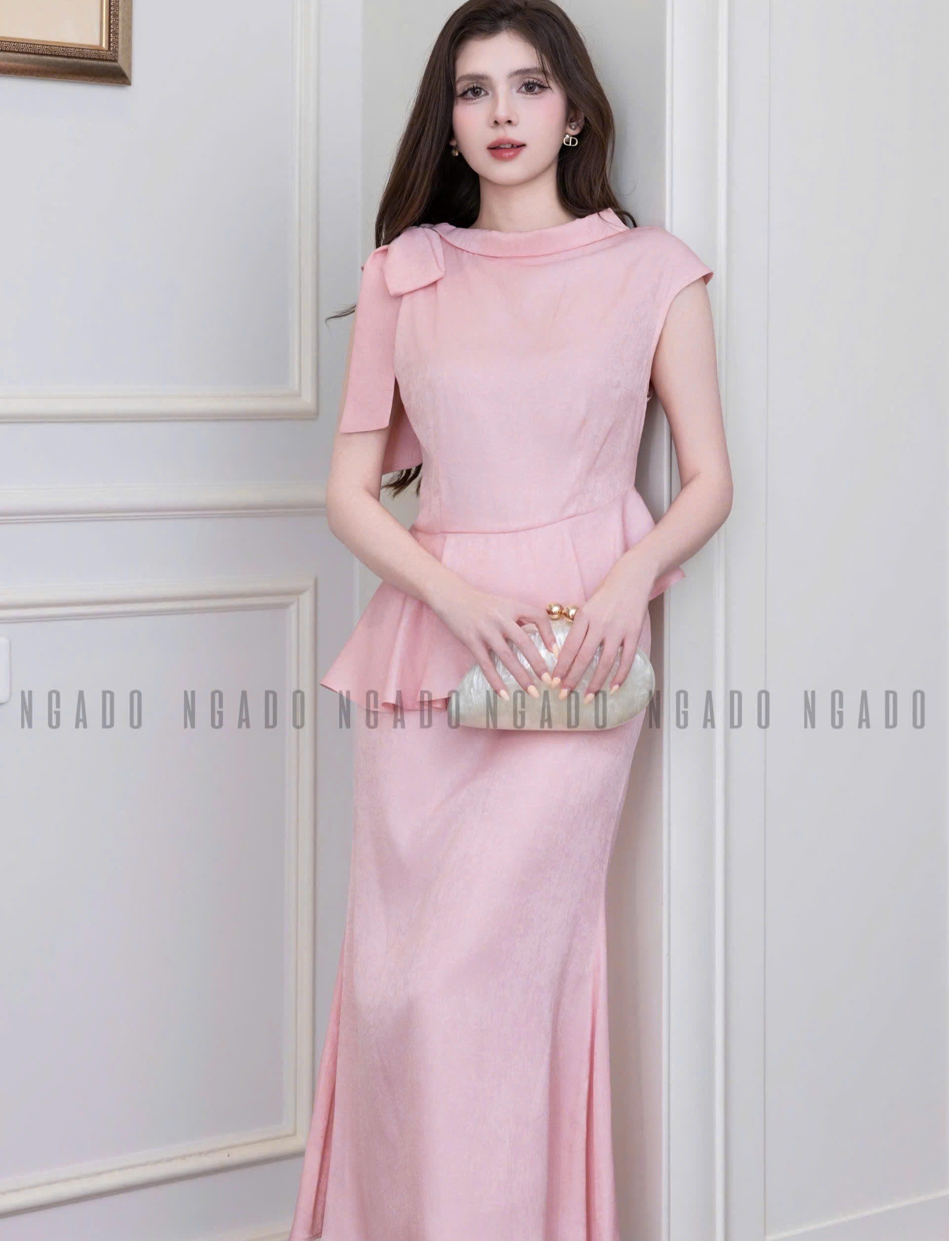 Set áo hồng cột nơ chân váy đuôi cá NGADO , set áo váy midi , set áo váy Nữ , set đồ dự tiệc