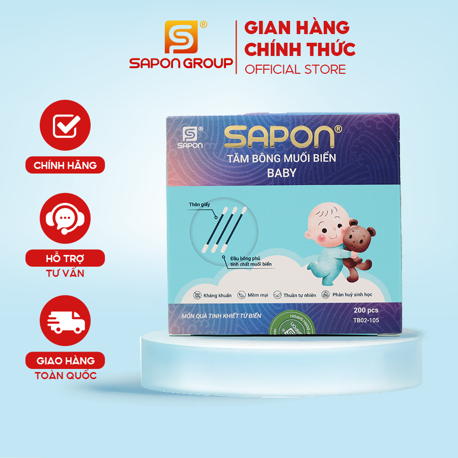 Tăm Bông Muối Biển SAPON Baby Thân Giấy – 200 Que/Hộp (TB02-105), Mềm Mại, An Toàn Cho Bé, Không Rụng Sợi