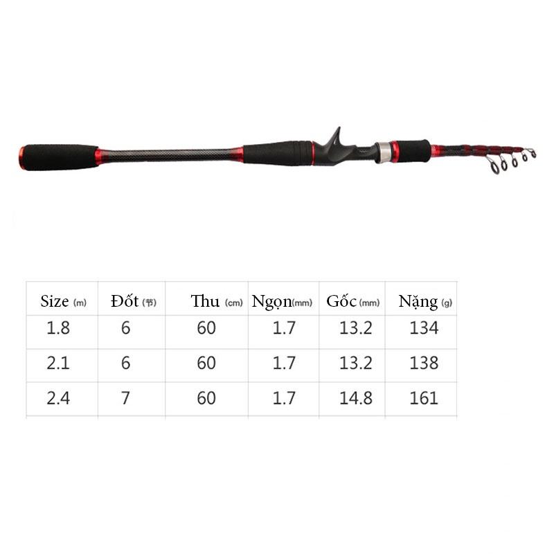 Bộ cần câu lure máy ngang rút gọn 60cm chất liệu carbon độ dài 1m8 - 2m1 - 2m4 tặng máy ngang và hộp mồi lure B-CM9