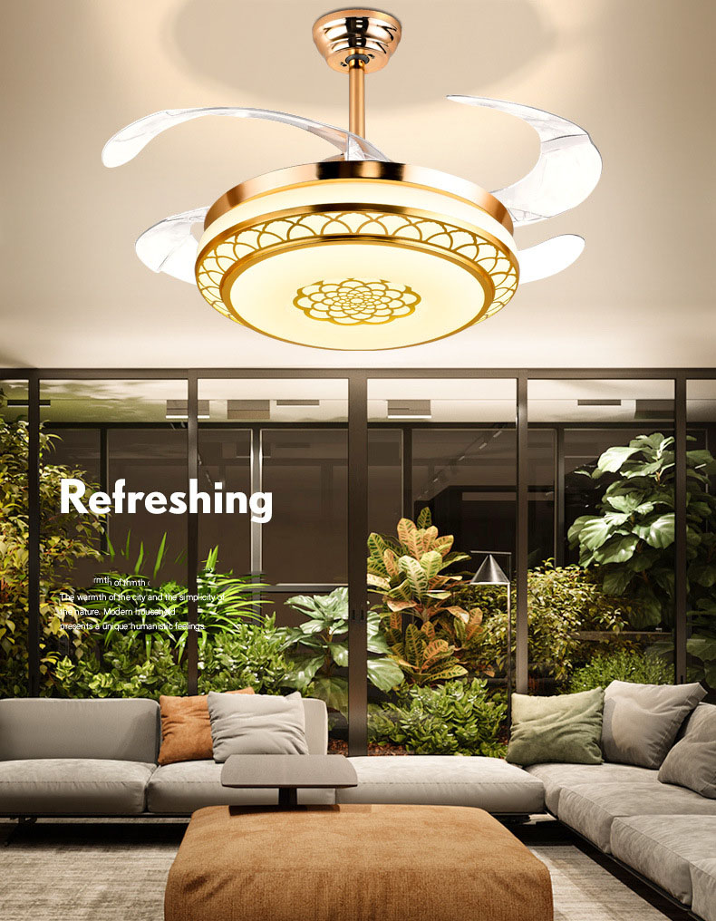 Quạt Trần Đèn Giấu Cánh QX1323 - Quạt trần đèn trang trí phòng khách, phòng ăn mạ vàng
