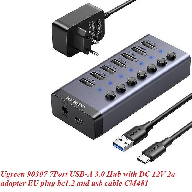 Ugreen UG90307CM481TK hub ra 7 cổng USB 3.0 + Adapter 12v-2A có hỗ trợ truyền dữ liệu và sạc có kèm dây USB type C chuẩn cắm EU chân tròn Bộ chia Màu Xám - HÀNG CHÍNH HÃNG