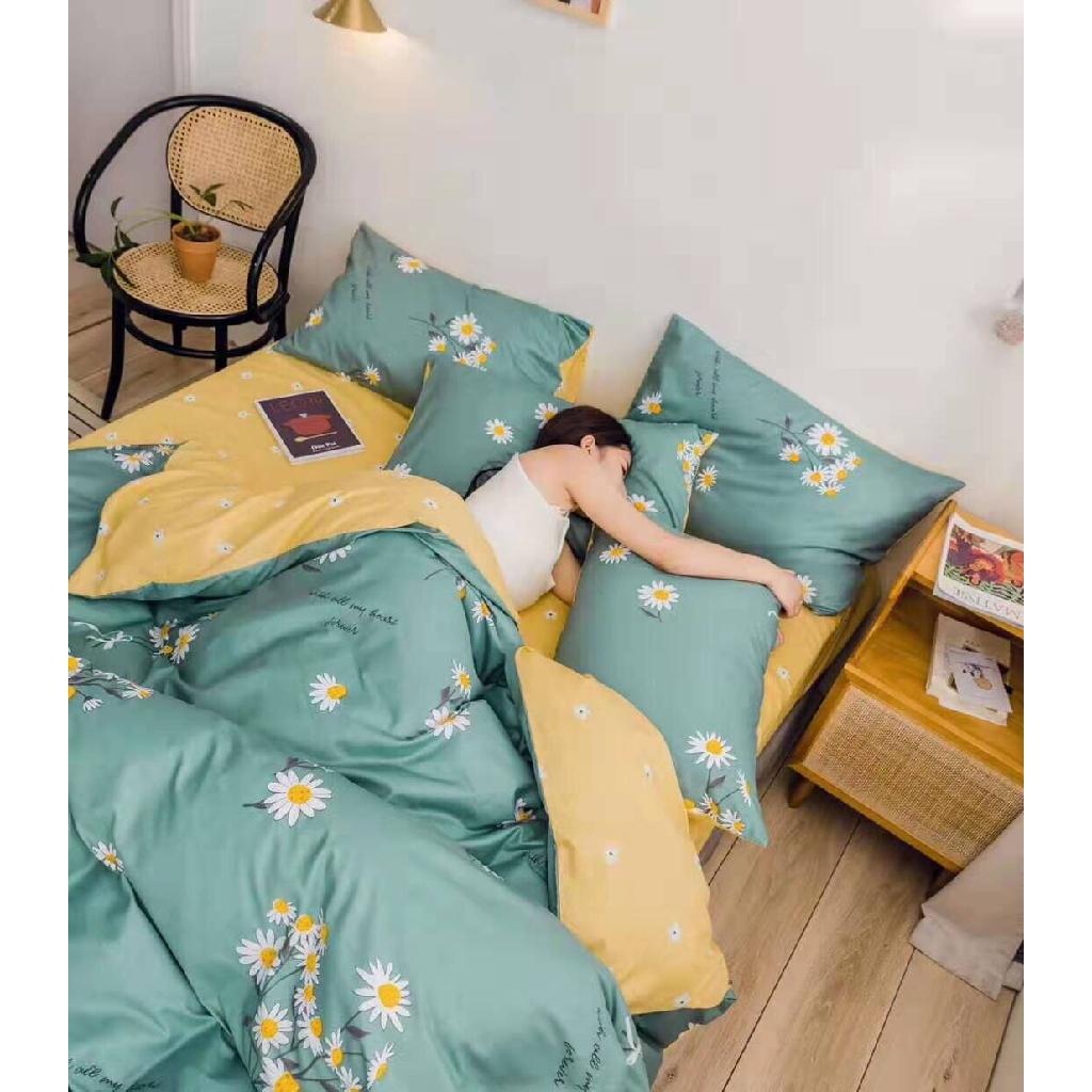 Ga Gối Vỏ Chăn Poly Cotton Hoa Cúc Xanh Ga Vàng Mẫu Mới