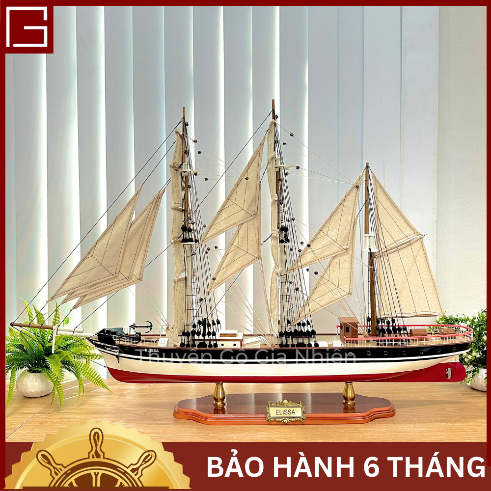 Mô Hình Thuyền Gỗ Phong Thủy Gia Nhiên, Thuyền Buồm Gỗ ELISSA, Dài 80cm, Thuyền Trang Trí Cao Cấp Loại 1