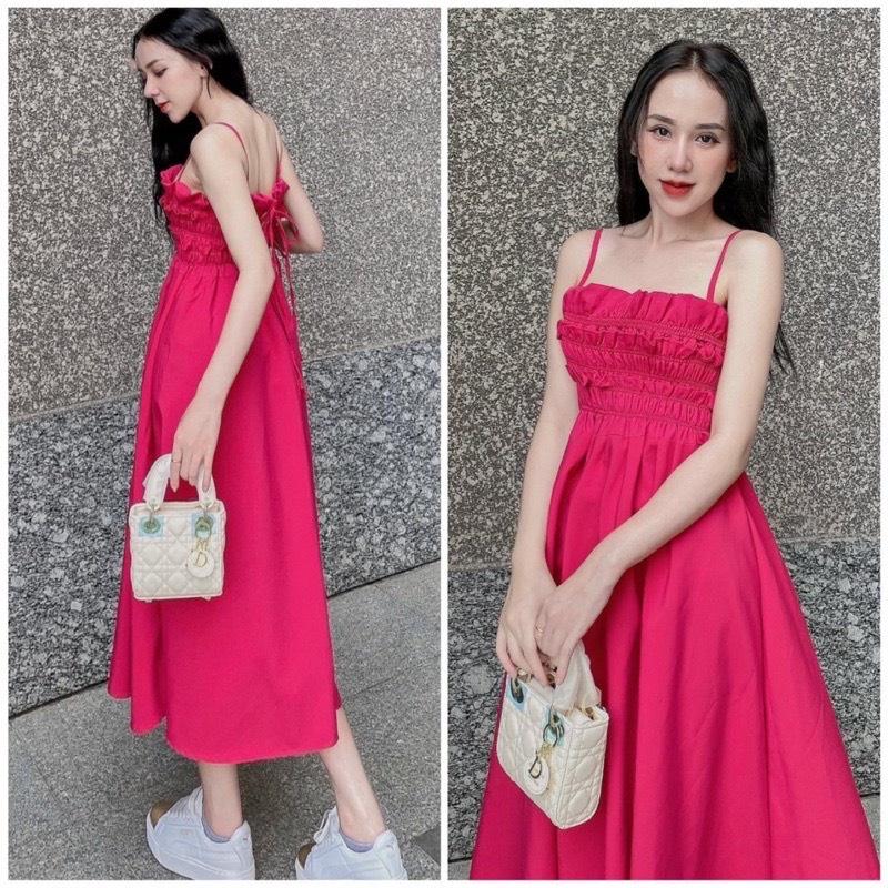 Đầm maxi đi biển 2 dây nhún ngực cột dây nơ lưng mùa hè Ulzzang