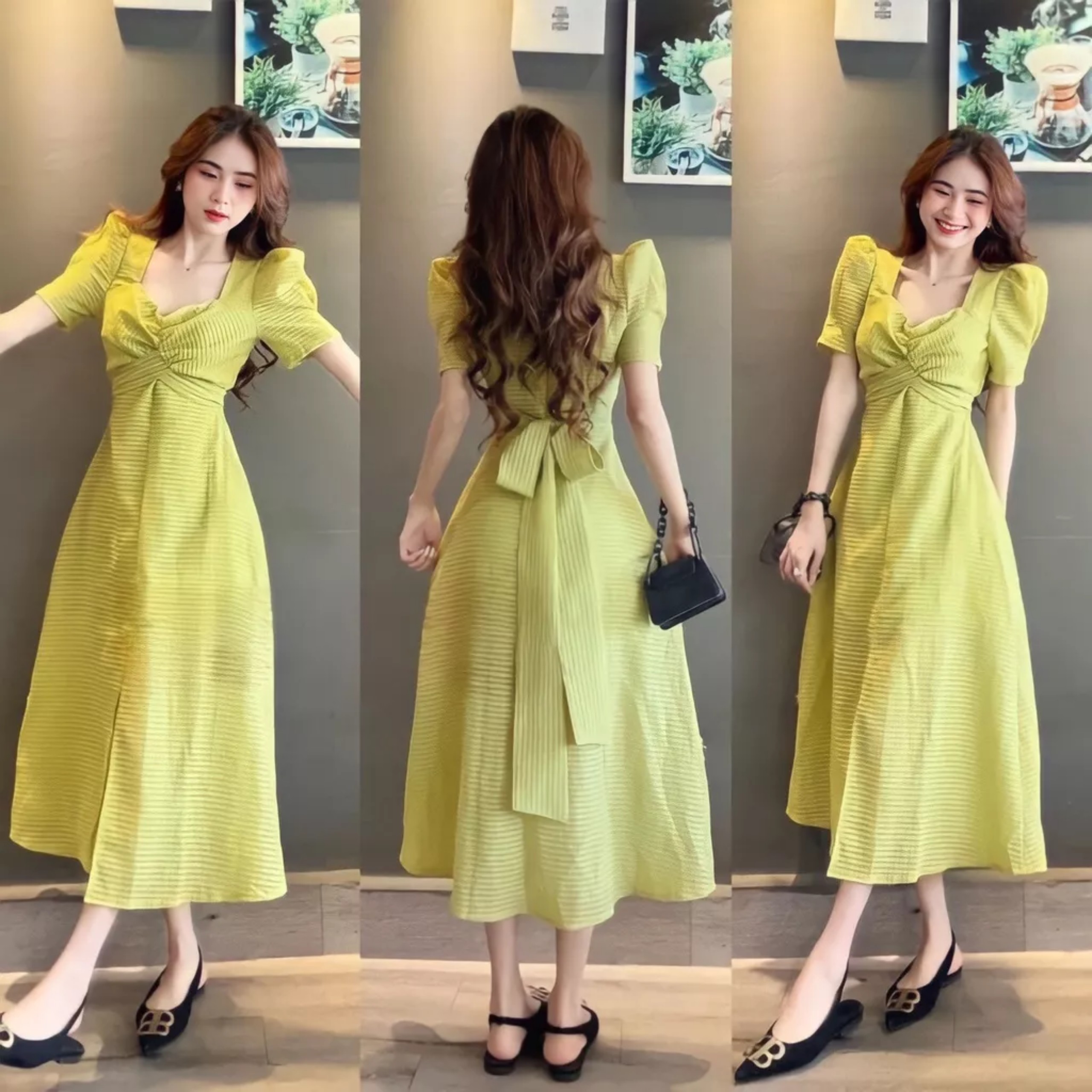 Đầm Nữ Cổ Tim Cộc Tay Bồng Nơ Lưng 2 Lớp Xẻ Tà Vải Gấm Xốp 2 Màu Tiểu Thư Siêu Xinh