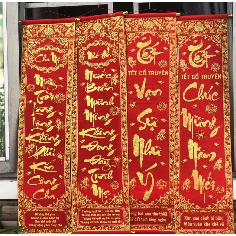 1 đôi câu đối đỏ, liễng trang trí tết in chữ Việt Nam làm từ vải nhung đẹp