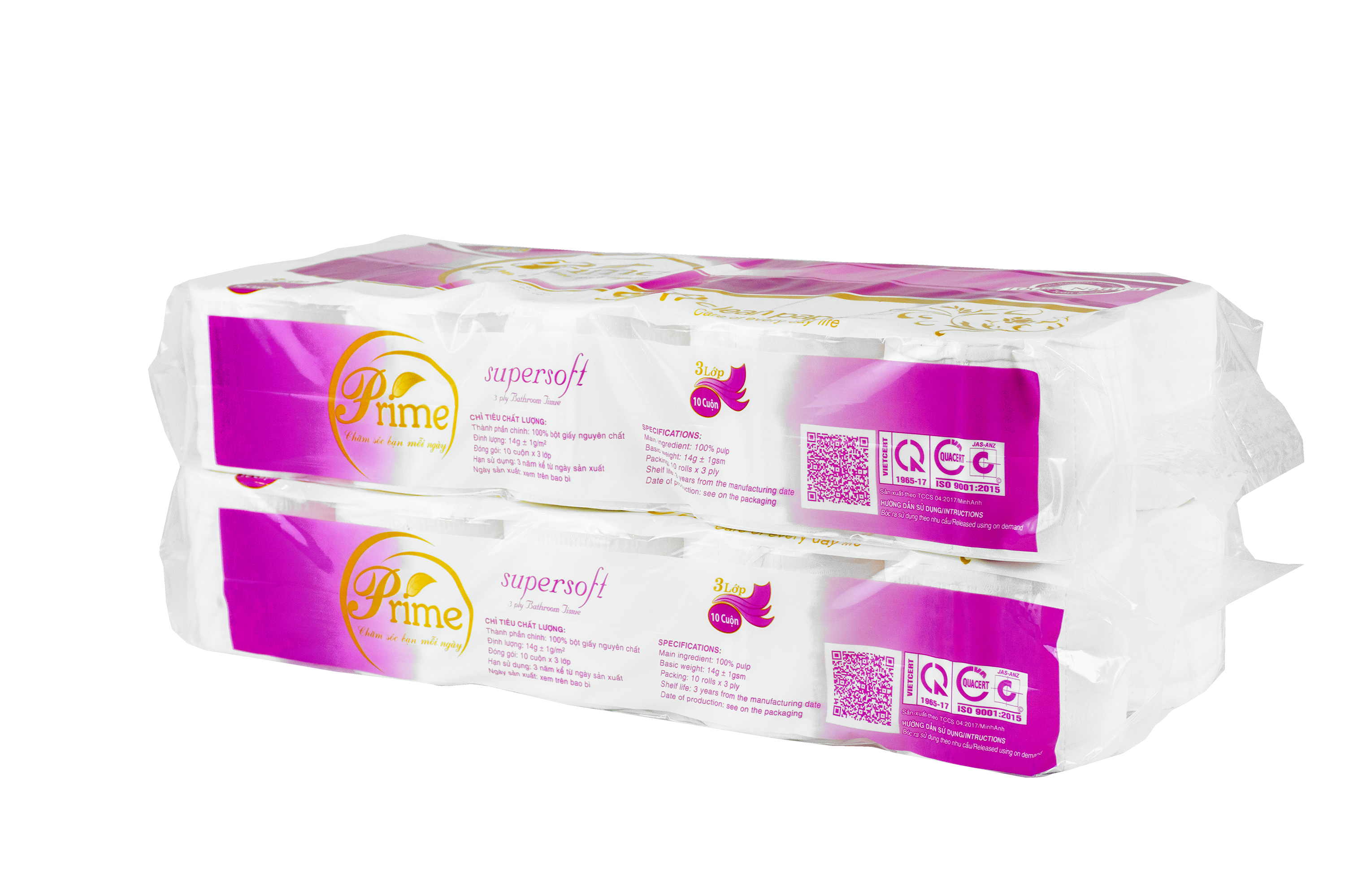 GIẤY VỆ SINH 3 LỚP PRIME (1,5KG) KHÔNG LÕI - COMBO 2 DÂY MÀNG TÍM