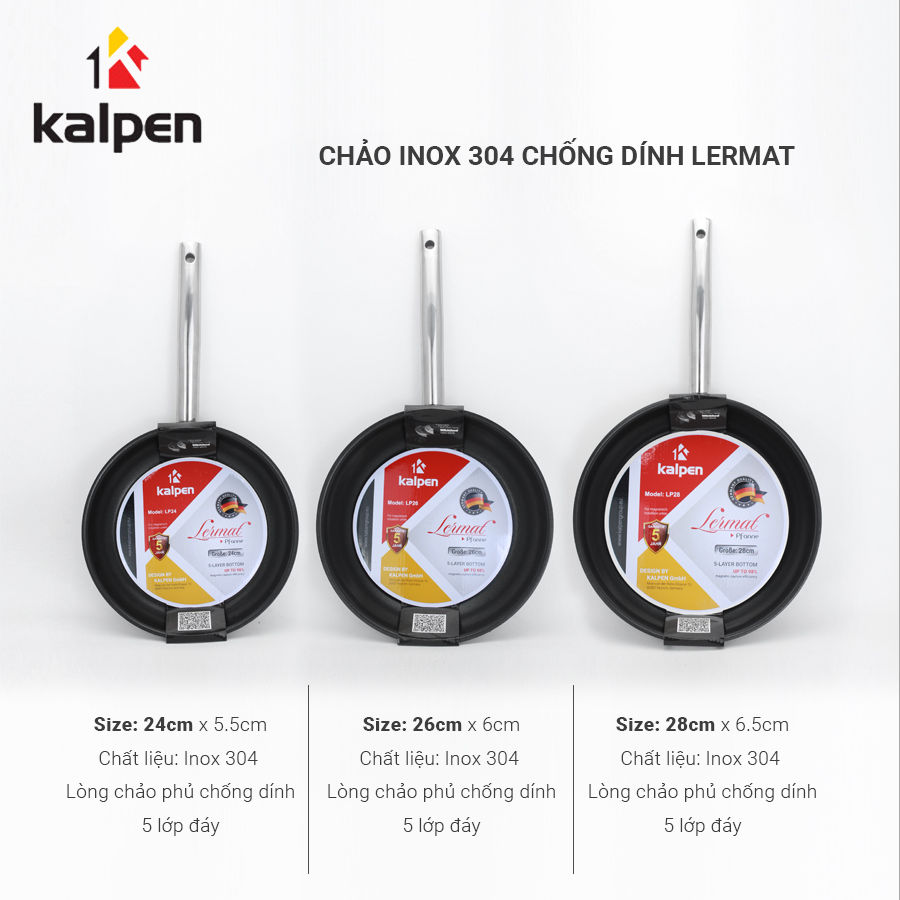 Chảo chống dính Inox 5 lớp Kalpen Lermat chuẩn Đức size 24/26/28cm - Hàng chính hãng