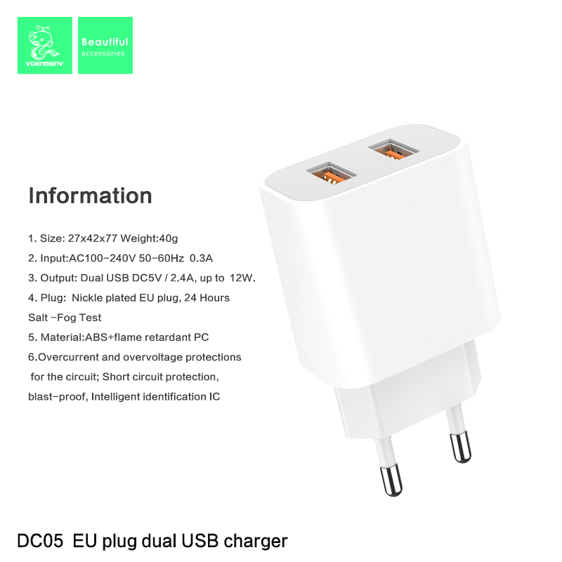 Củ Sạc Nhanh 12W VDENMENV DC05 Vỏ Nhựa ABS Chống Cháy, 2 Đầu USB, Tự Ngắt Khi Quá Tải - Hàng Chính Hãng