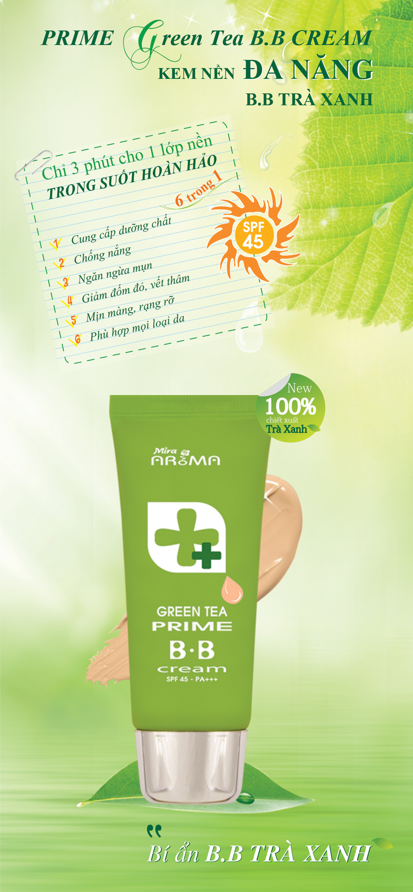 Kem Nền BB Hàn Quốc Cao Cấp Tinh Chất Trà Xanh Mira Aroma Prime Grren Tea (30ml) + Tặng Mút Tán Kem Nền Thông Minh Siêu Mềm Mịn Suri Hình Hồ Lô – Hàng Chính Hãng