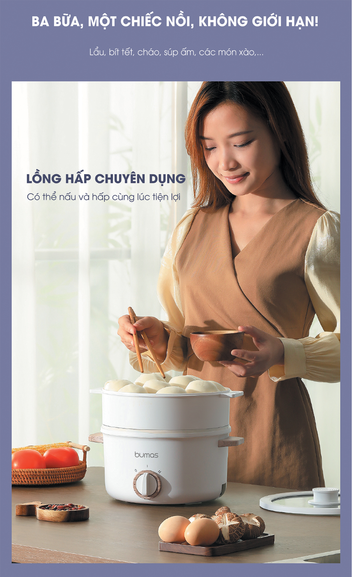 Nồi Lẩu Điện Đa Năng BUMAS K02 - Dung Tích 2.5L, Chống Dính, Nấu Lẩu, Nấu Ăn Đa Năng Cho Gia Đình Hàng chính hãng BUMAS