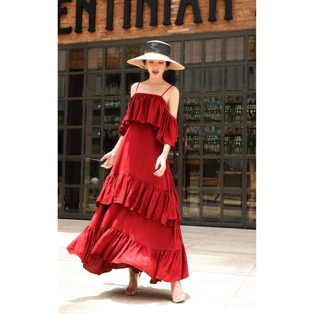 Đầm maxi đi biển hai dây, trễ vai, dáng xòe sang chảnh trắng đỏ bigsize váy đầm nữ đẹp đi biển giá rẻ