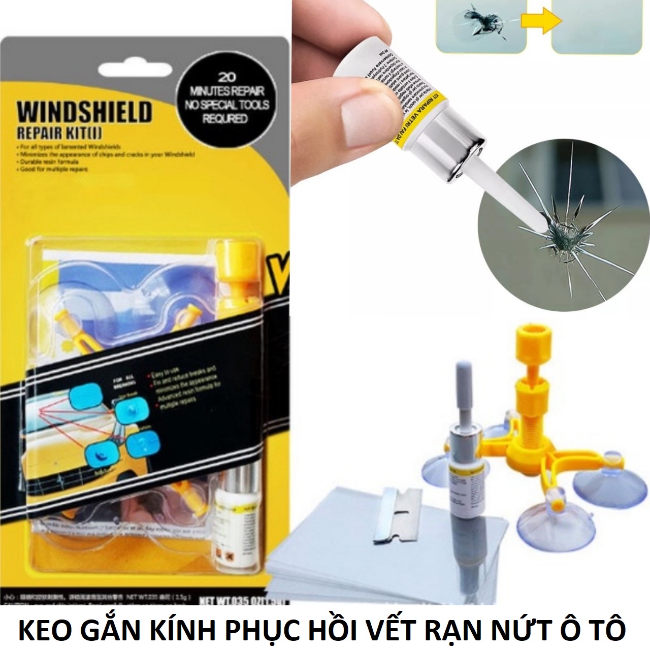 Phục hồi vết rạn nứt kính ô tô với keo gắn kính xe hơi kèm phụ kiện chuyên dụng bóng đẹp như mới loại tốt