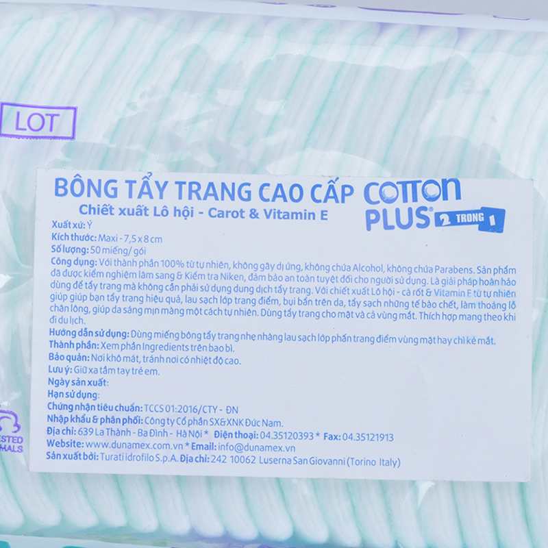 Bông Tẩy Trang Cotton Plus 2 Trong 1 Chiết Xuất Lô Hội - Cà Rốt - Vitamin E (50 Miếng)