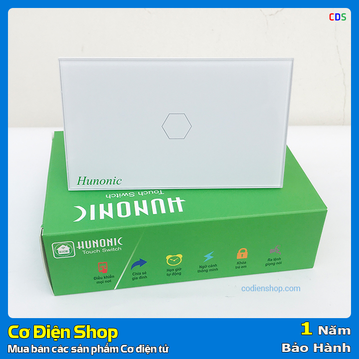 Công tắc cảm ứng [ĐIỀU KHIỂN TỪ XA] bằng điện thoại HUNONIC 1 Nút màu trắng - WIFI + HẸN GIỜ (Công nghệ 4.0)