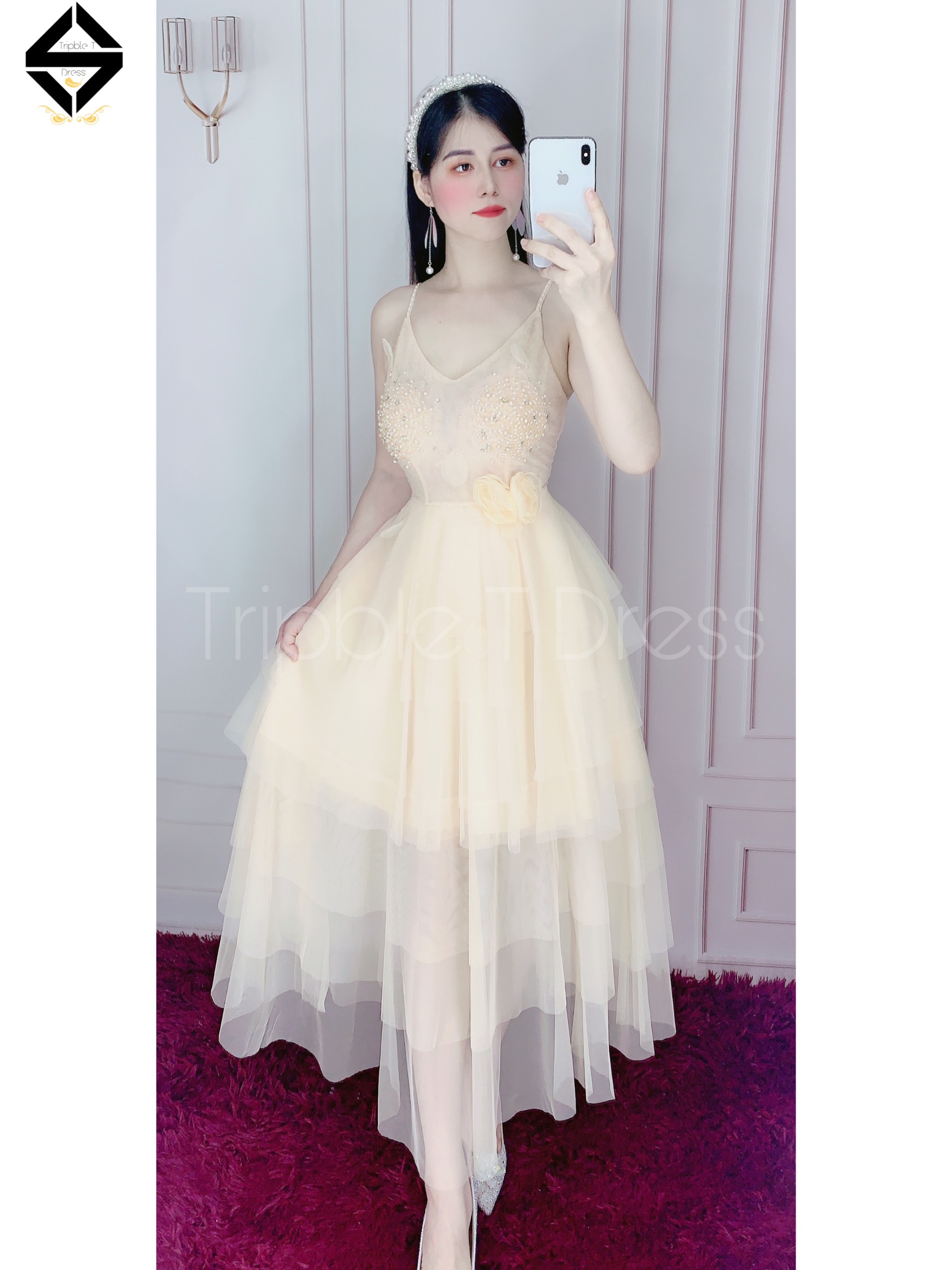 Đầm dự tiệc công chúa 2 dây xếp tầng kết cườm ngọc TRIPBLE T DRESS - size M/L - MS88Y