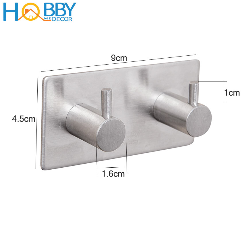 Móc Inox 304 dán tường gạch men - Móc treo đồ 2 chấu có sẵn keo dán siêu dính - HOBBY 2TV160