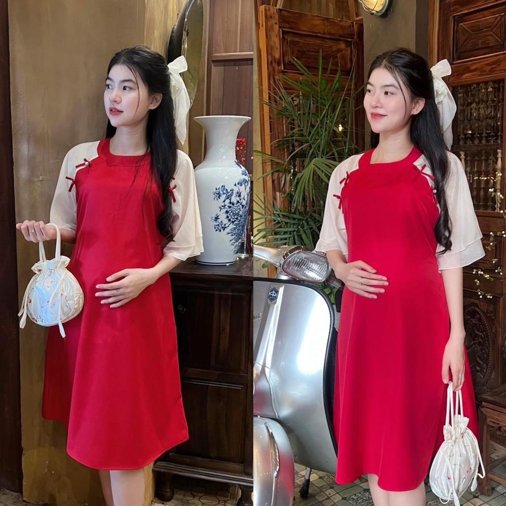 Đầm bầu thiết kế kiểu Áo dài cách tân Chất Cotton Lạnh đính nơ xinh xắn, thanh lịch - Vàng