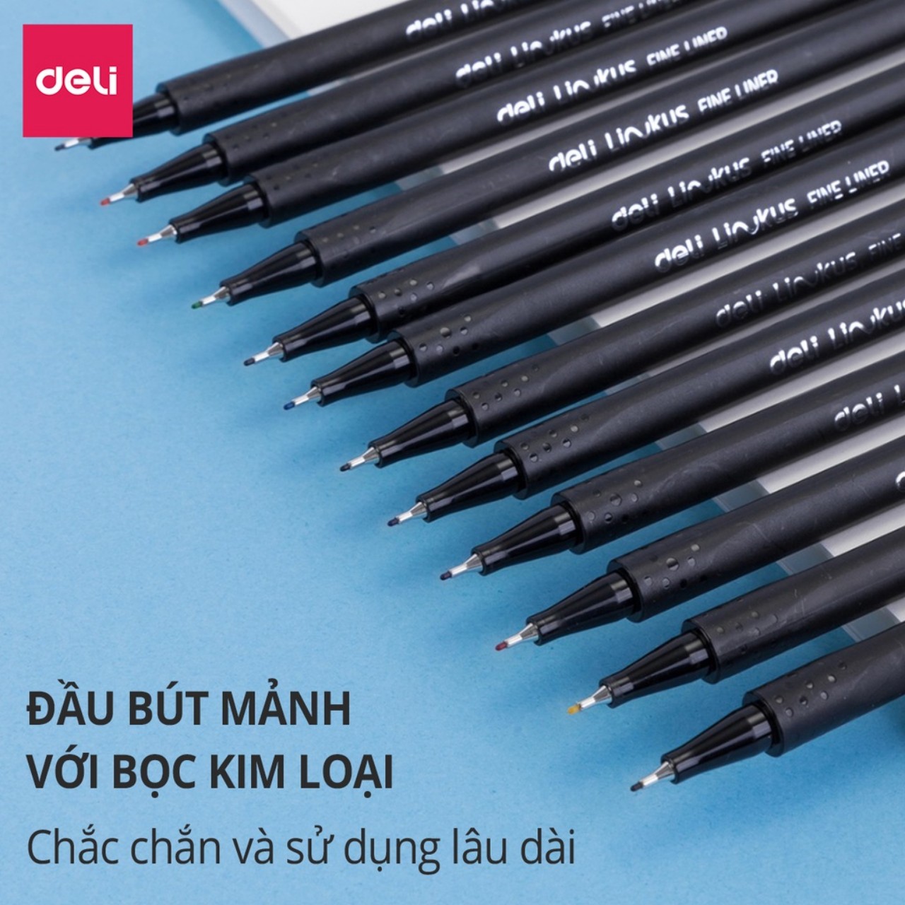 Bộ 12 màu bút liner đi nét - viết caligraphy thư pháp brush letter - Bút lông kim có thể rửa được - Ngòi bọc kim loại 0.45mm Deli - EQ900 - 12