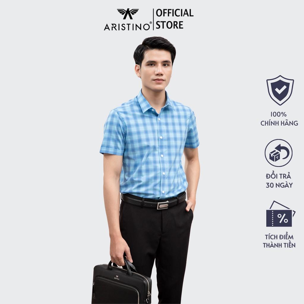 Áo sơ mi nam ngắn tay ARISTINO dáng Slim fit vừa vặn, họa tiết xanh kẻ trắng trẻ trung, thanh lịch - ASS181S2