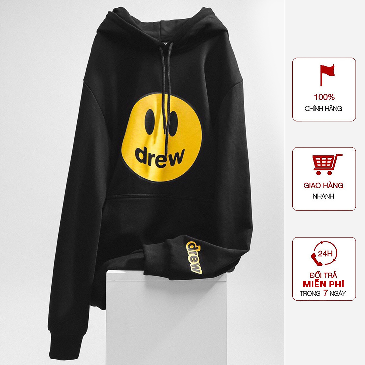 Hoodie mặt cười mẫu mới chất nỉ bông dầy, 3 màu cơ bản trắng, đen, xám, dáng vừa mũ trùm to có big size, kiểu dáng hot trend