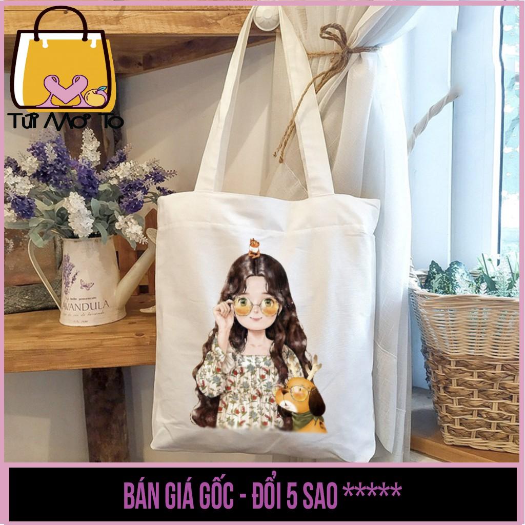 Túi tote vải canvas trắng có khóa kéo in hình CÔ GÁI ĐEO KÍNH - Túi Mơ To store