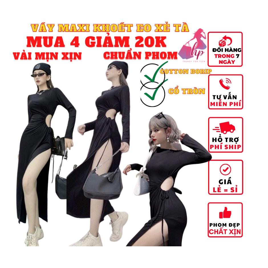 Váy đầm maxi dài nữ ôm body khoét eo xẻ tà cổ tròn tay dài thun cottton xịn thời trang dự tiệc sexy phong cách -VD10...