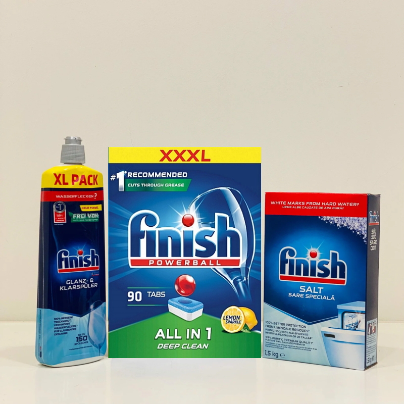 Combo Viên rửa bát finish all in one 100 viên+Dung dịch Nước làm bóng finish 800ml +Muối rửa bát finish 1.5kg cho Máy rửa bát